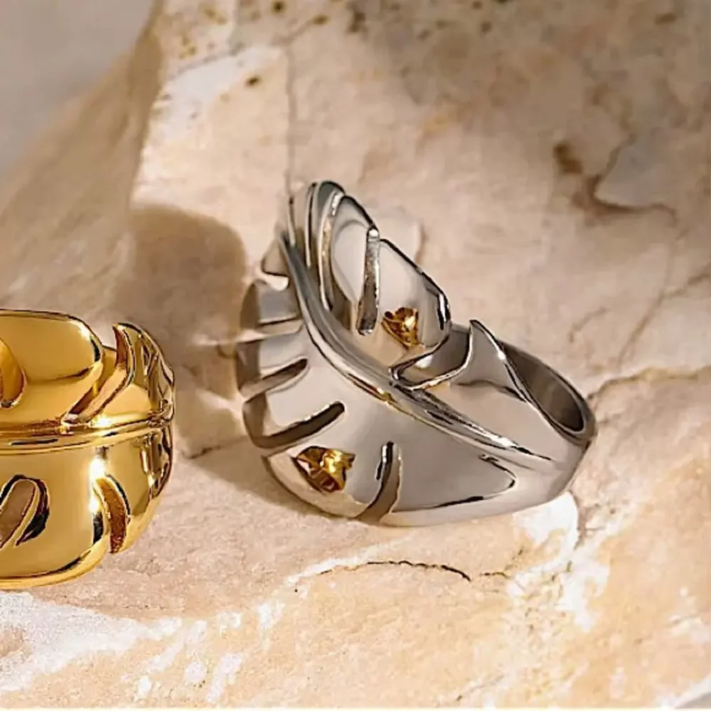 Silver Feather Leaf Leaves Ring Adjustable Stainless Steel Gold Plated